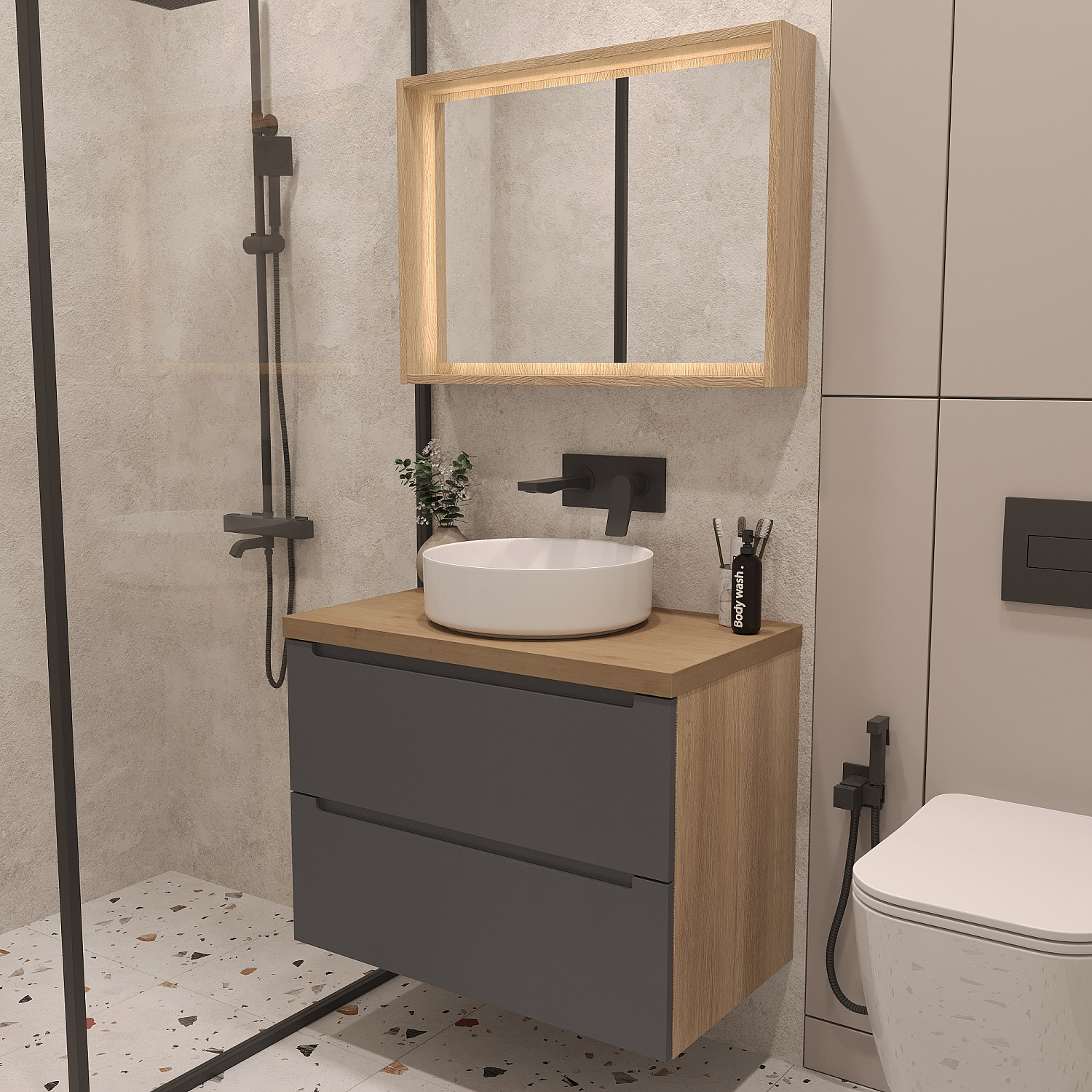 Тумба под раковину/столешницу/столешницу/столешницу/столешницу Дион, Графит мат/Дуб 100