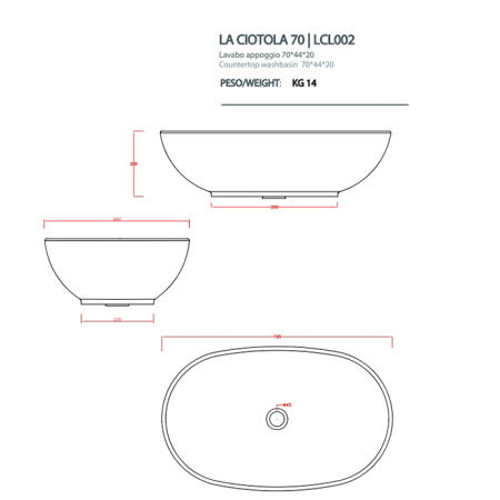 Artceram LA CIOTOLA Раковина накладная  70х44 см, без отв под смеситель, без слива перелива, цвет белый 