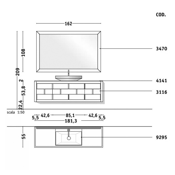 VITAGE milldue edition Раковина LONDRA 700х500х125 мм., керамическая, без перелива, c 1 отверстием для смесителя, цвет белый/платина 