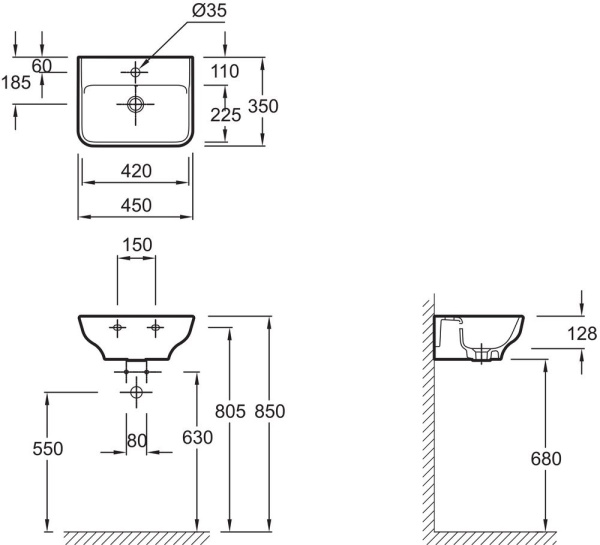 EGH112-00 раковина подвесная STRUKTURA с отв. д/смесителя, с переливом /45x35/(белый) 