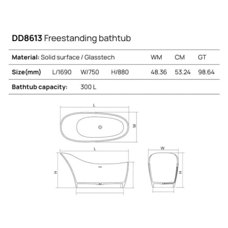 DEA DESIGN Elegant Ванна отдельностоящая 169x75xh88 см, материал: Glasstech прозрачная смола, цвет: pomegranate 