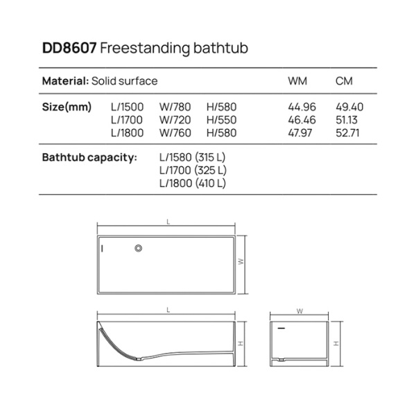 DEA DESIGN Modern Ванна отдельностоящая 180x76xh58 см, материал: Solid Surface искуственный камень, цвет: White №18 
