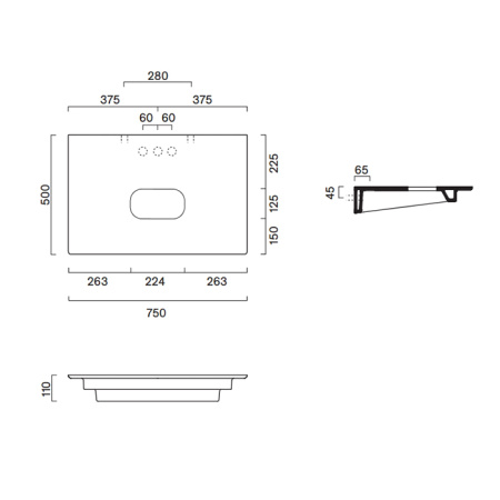 Catalano Столешница керамическая 75x50, с отверстием , цвет черный матовый 