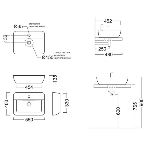 Kerama Marazzi Раковина PLAZA накладная 55*40*13,5см,  с 1 отв.под смеситель, без перелива, белая глянцевая 