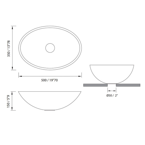 MOMA PEARL1 Раковина 500х350 мм., для установки на столешницу, с донным клапаном, цвет белый матовый 