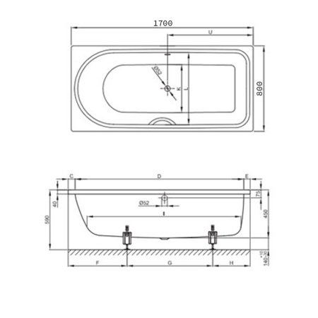 BETTE Ocean Ванна с шумоизоляцией 170х80х45, перелив сзади (для удлиненного слива-перелива) 