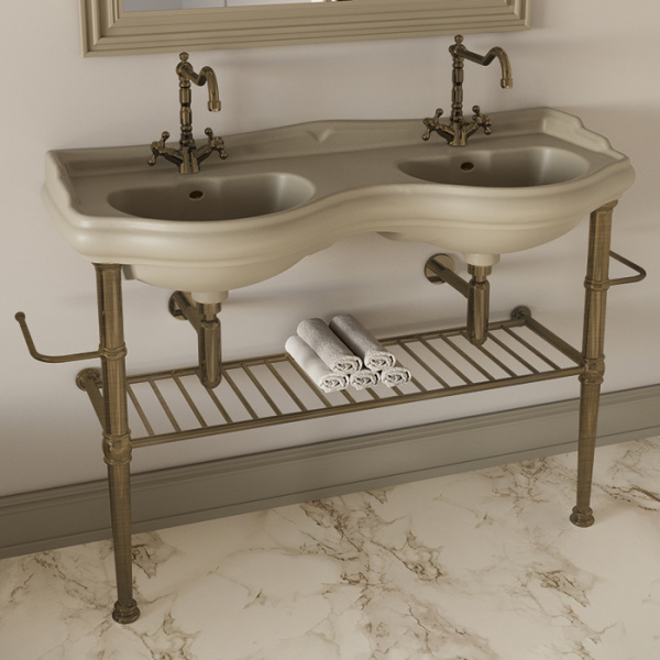 KERASAN RETRO Консоль металлическая на ножках для раковины 120см, с полкой решеткой, с 2-я полотенцедержателями  цвет бронза 