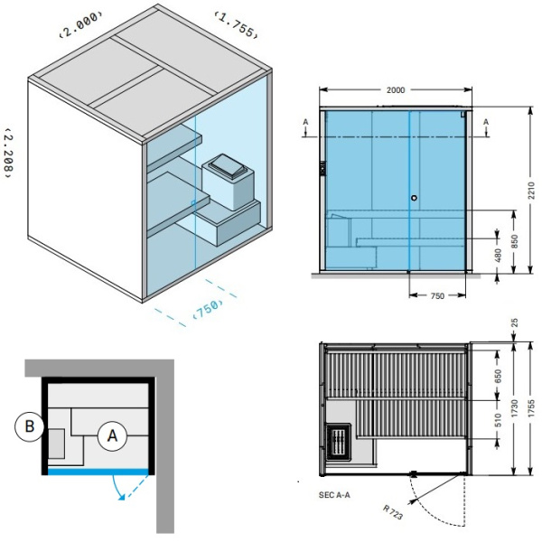 Effegibi BodyLove S Сауна 200x176xh220 см, размещение в угол L.H., D.X., отделка термообр. древесина, наружные стены термообр. древесина гладкая 