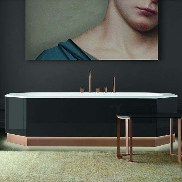 VITAGE milldue edition Dandy Ванна 1950х900х520 мм, отдельностоящая, с сифоном, с подсветкой, облицовка глянц Grafite, цоколь сатин роз зол, ванна бел 