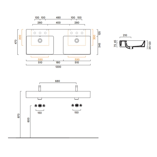 Catalano PREMIUM Раковина 120x47 двойная, без отв. под смеситель, покрытие Cataglaze+, цвет белый глянцевый 