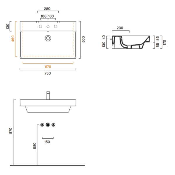 Catalano ZERO Раковина 75x50, с 1 отв. под смеситель, покрытие Cataglaze+, цвет белый глянцевый 