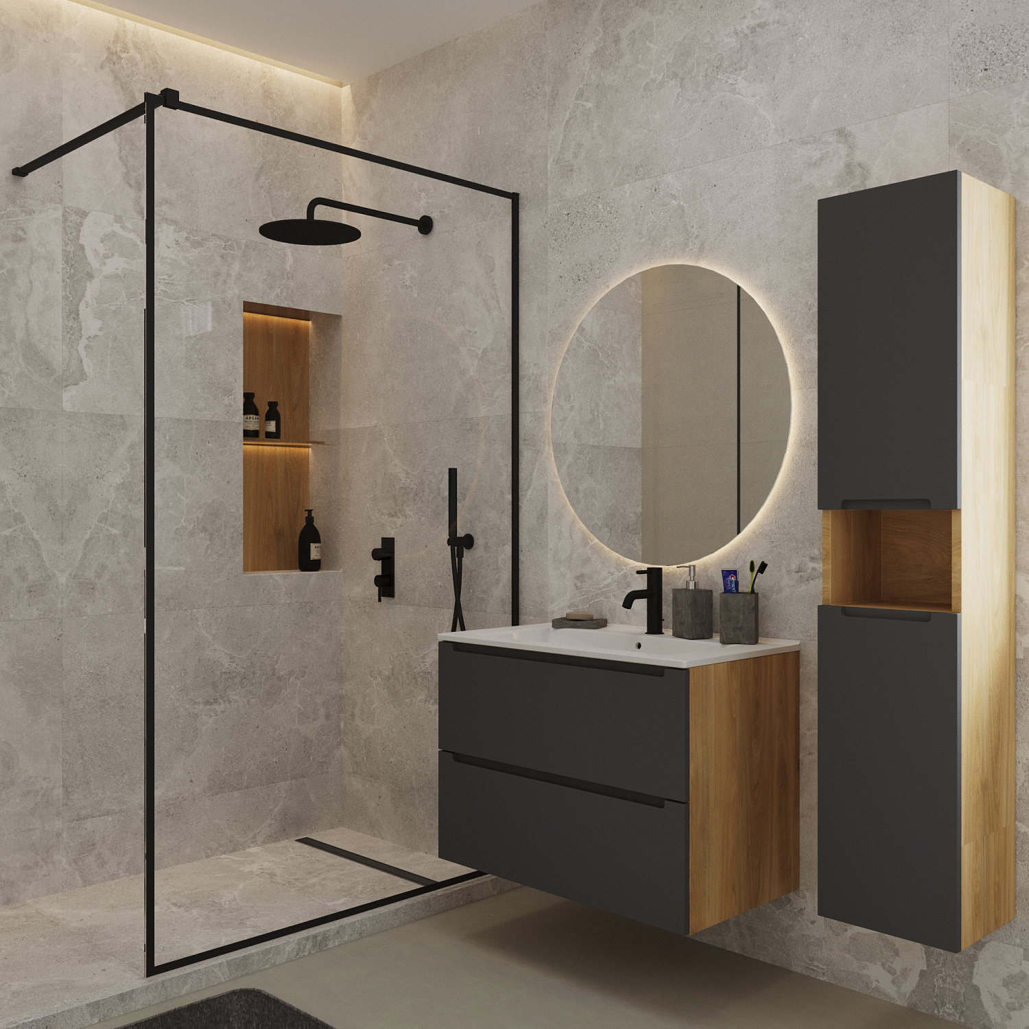 Шкаф навесной Дион, Графит мат/Дуб 150