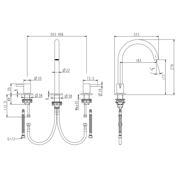 NEMO NM-2315BGM Смеситель на 3 отверстия для раковины с донным клапаном BRUSH GUN METAL 