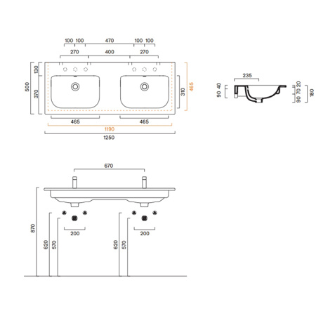 Catalano ITALY Раковина 125x50 двойная, с 2 отв. под смеситель, покрытие Cataglaze+, цвет белый глянцевый 