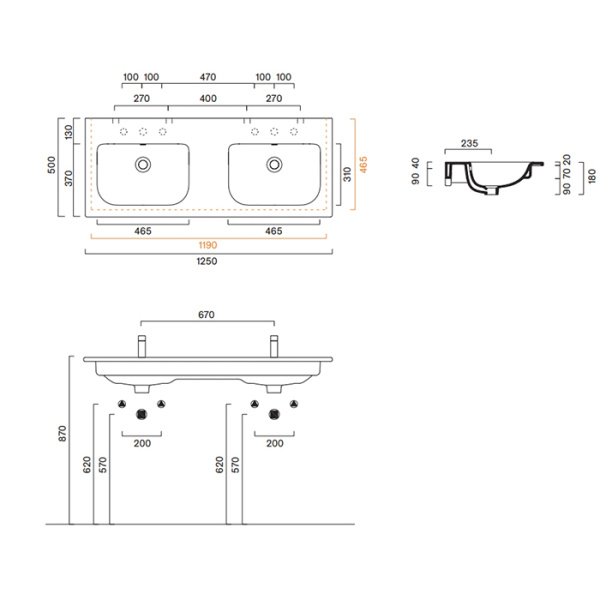 Catalano ITALY Раковина 125x50 двойная, с 2 отв. под смеситель, покрытие Cataglaze+, цвет белый глянцевый 
