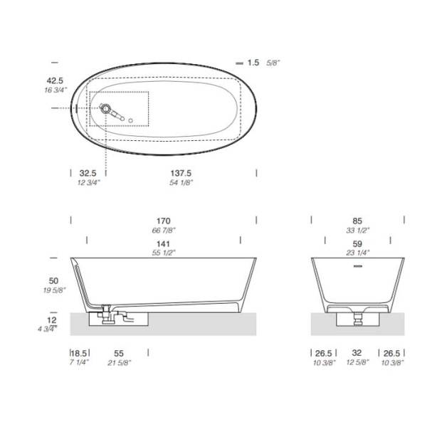 NOORTH milldue edition Ванна AZUMA 85 1700х850х500 мм., отдельностоящая, в комплекте с сифоном, CRISTALPLANT, цвет белый матовый 