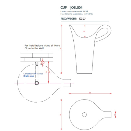 Artceram CUP  Раковина напольная отдельностоящая  70х50хh85 см, без отв под смеситель, без слив перелива,  цвет черно-белый (акция из наличия) 