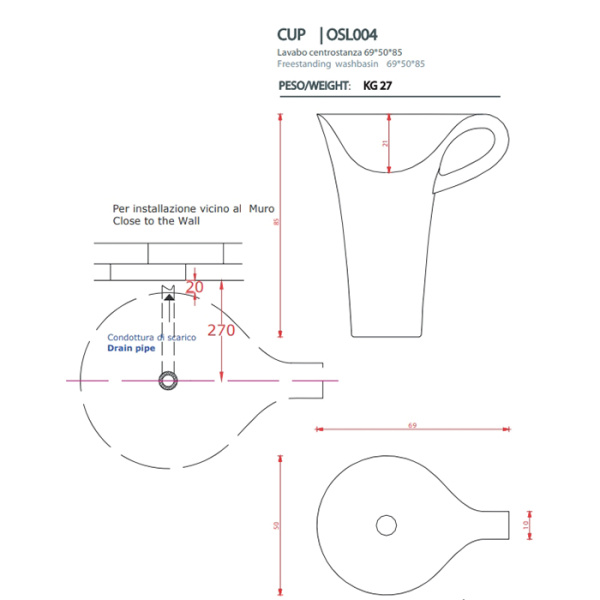 Artceram CUP  Раковина напольная отдельностоящая  70х50хh85 см, без отв под смеситель, без слив перелива,  цвет черно-белый (акция из наличия) 