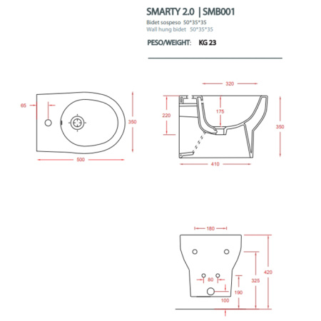 ARTCERAM SMARTY Биде подвесное  35х50 см, с 1 отв под смеситель, цвет белый 