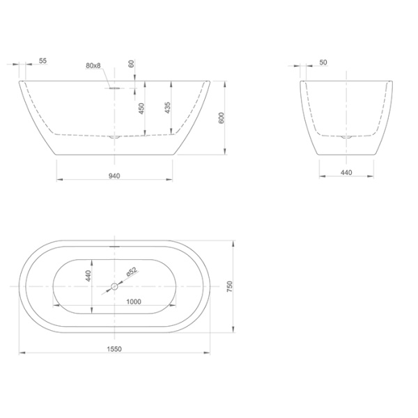 Knief Form XS Ванна отдельностоящая 155х75х60см, (перелив щелевой), без слива-перелива, цвет белый матовый (продавать со сливом 0100-091-06) 