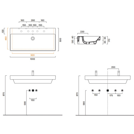 Catalano ZERO Раковина 100x50, с 2 отв. под смеситель, покрытие Cataglaze+, цвет белый глянцевый 