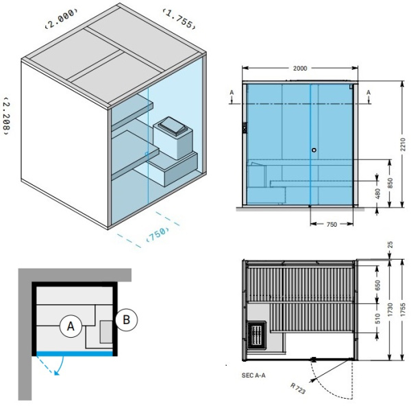 Effegibi BodyLove S Сауна 200x176xh220 см, размещение в угол R.H., S.X., отделка термообр. древесина, наружные стены термообр. древесина гладкая 