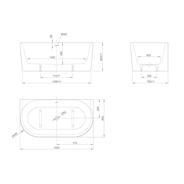 KNIEF Fresh Wall XS Ванна пристенная 155х80х60см, с щелевым переливом, без слив-перелива, цвет белый (продавать со сливом 0100-091-06S) 
