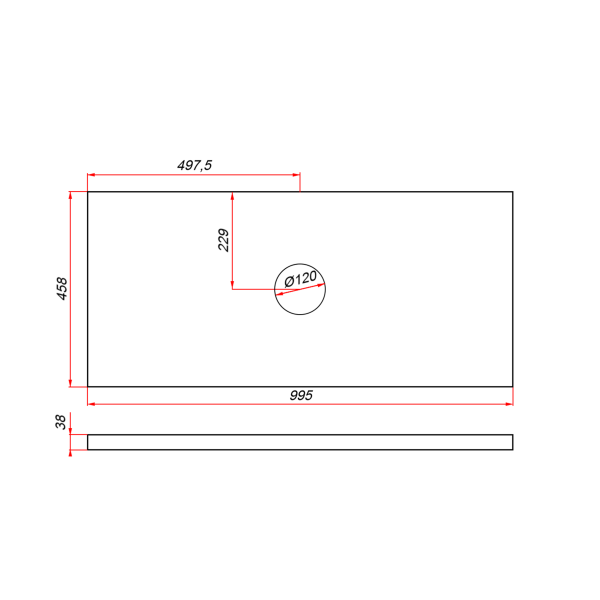 Столешница пластик HPL 38 мм Туя, 1 вырез, (с наметками под 1 вырез), 995х458 мм 