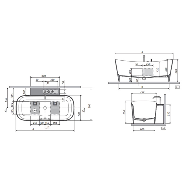 NOVELLINI SHIP Ванна пристенная 1500х900х620 мм., в комплекте с смесителем хром, с донным клапаном click-clack, NOVOTECH, цвет белый матовый 