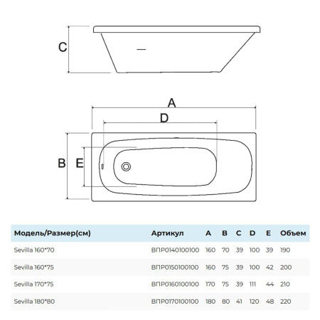 Ванна Sevilla прямоугольная 180х80 