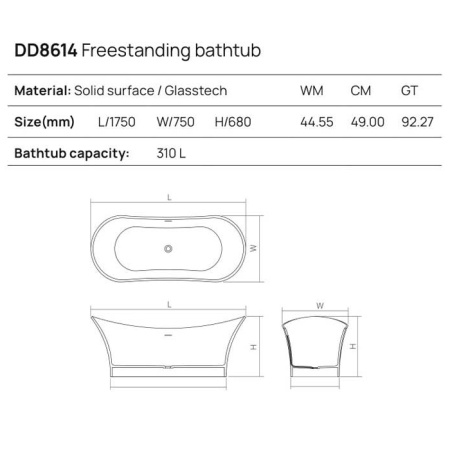 DEA DESIGN Elegant Ванна отдельностоящая 175x75xh68 см, материал: Solid Surface искуственный камень, цвет: Black №16 