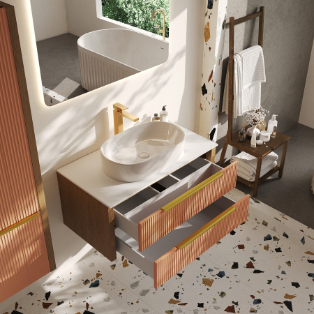 Тумба со столешницей Валенсия, Бежево-розовый /Столешница компакт-плита, Белая 