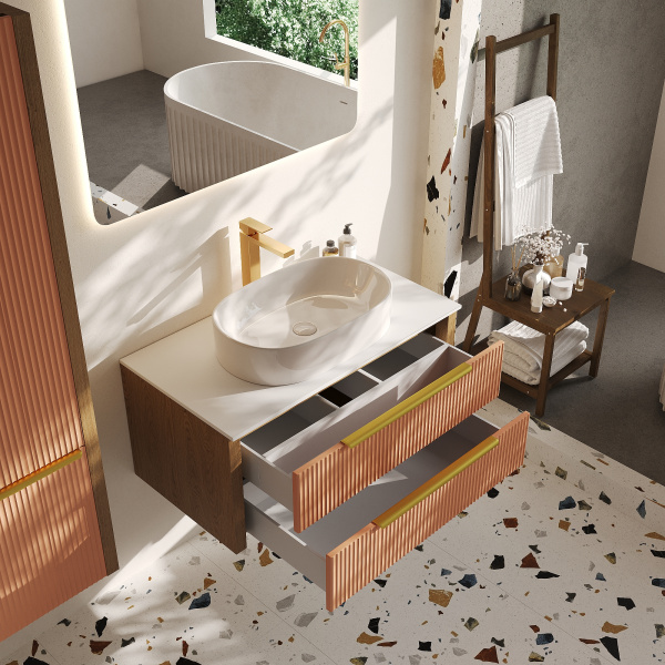 Тумба со столешницей Валенсия, Бежево-розовый /Столешница компакт-плита, Белая 