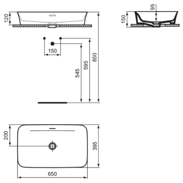 Ideal Standard Ipalyss Раковина 650х395хh120 мм, накладная, прямоуг, без отв. под смес., с крепежом, шаблоном, покрытие: Diamatec® цвет: белый глянец 
