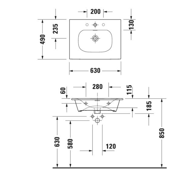 Duravit Viu Раковина подвесная с переливом, выпуск с керам покрытием, 2 отв под смес, 63х49см, цвет белый 