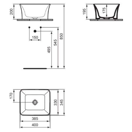 Ideal Standard La Dolce Vita Раковина 400х345хh200 мм, накладная-высокая, без отв. под смес и перелива, с крепежом и шаблоном цвет: белый глянец 