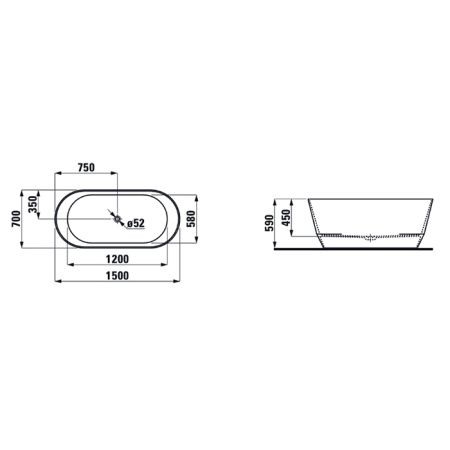 Laufen Pro Ванна 150х70 отдельностоящая c интегрированным переливом, слив click-clack хром, Marbond белая 