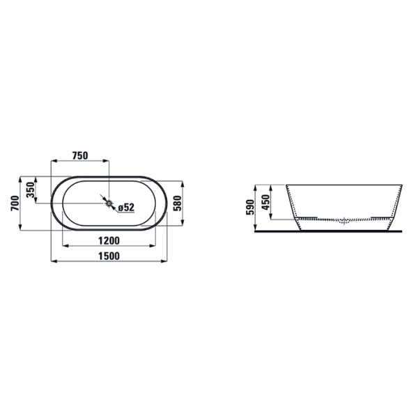 Laufen Pro Ванна 150х70 отдельностоящая c интегрированным переливом, слив click-clack хром, Marbond белая 